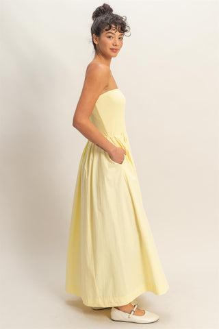 Jodie Strapless Flowy Midi Dress • Pale Yellow