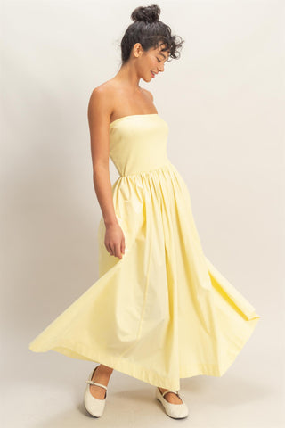 Jodie Strapless Flowy Midi Dress • Pale Yellow