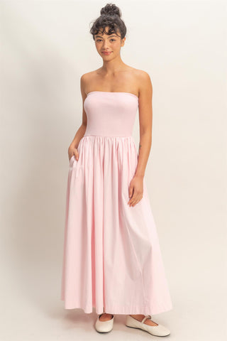 Jodie Strapless Flowy Midi Dress • Soft Pink