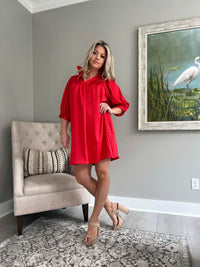 Payton High Neck Puff Sleeve Dress • Red