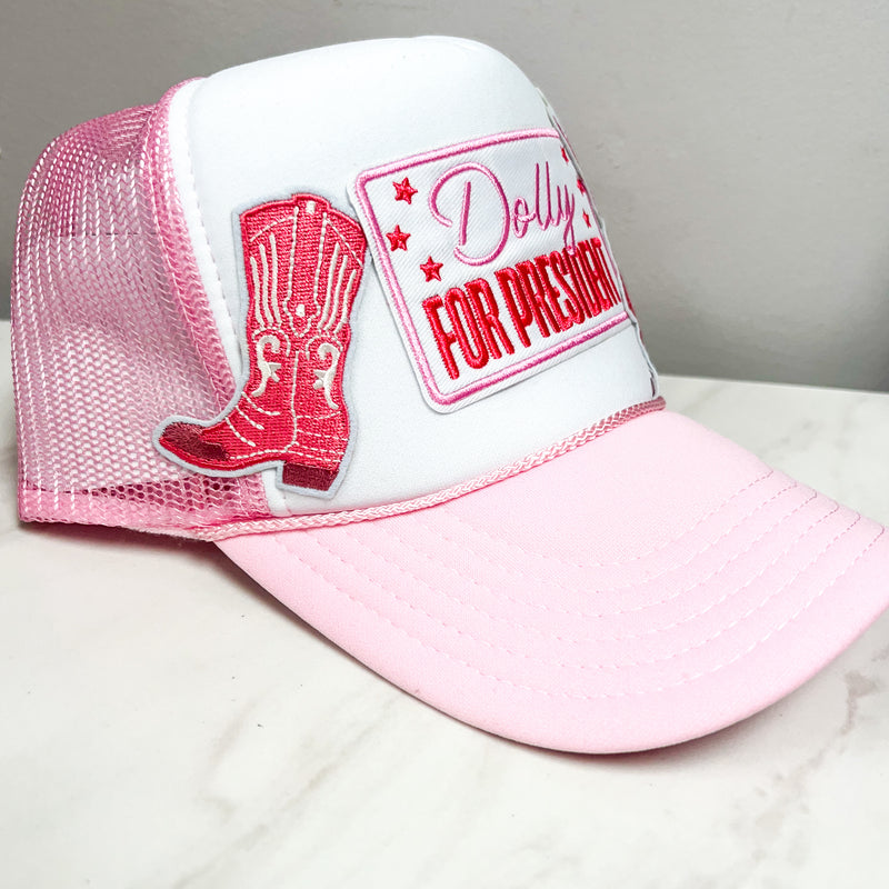 Dolly For President • Multi Patch Trucker Hat • Pink