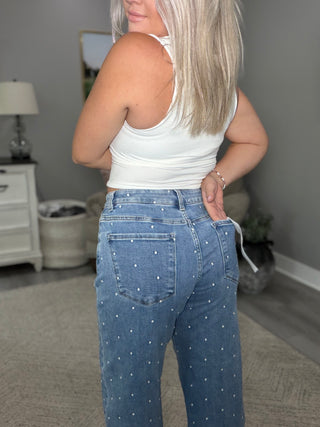 Calypso Polka Dot Embroidery Barrel Jeans • Medium Wash