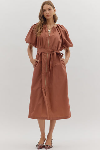 Logan Puff Sleeve Belted Zip Down Dress • Clay