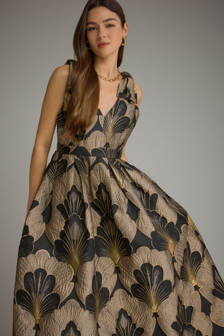 A Night Out Brocade Floral Dress • Mocha Gold
