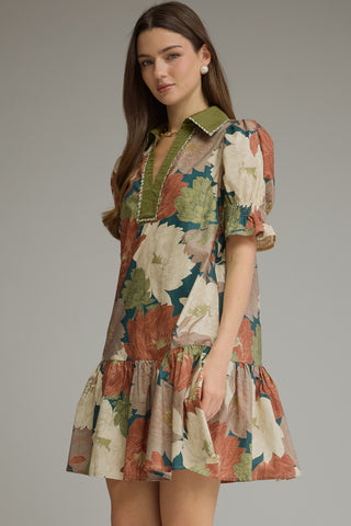 Faye Floral Ruffle Hem Mini Dress • Teal