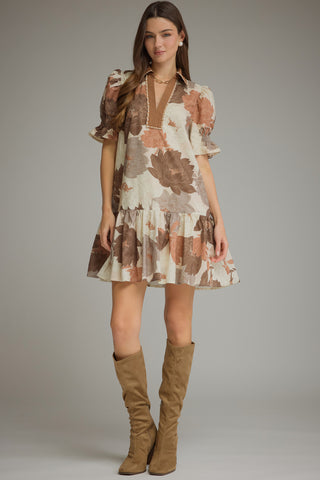 Faye Floral Ruffle Hem Mini Dress • Mocha