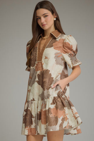 Faye Floral Ruffle Hem Mini Dress • Mocha