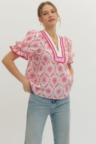 Leighton Botanical Print Top • Pink