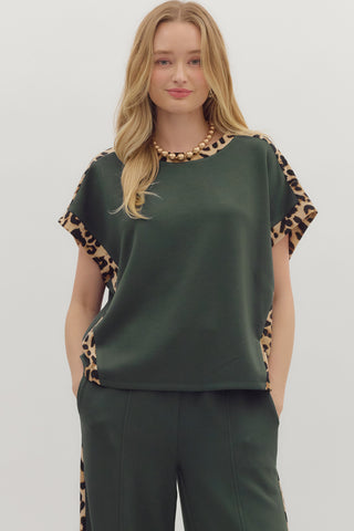 Eliza Leopard Contrast Top • Dark Green