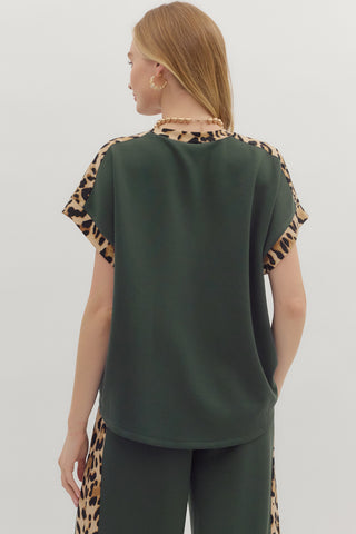 Eliza Leopard Contrast Top • Dark Green