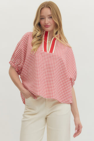 Felicity Gingham Short Sleeve Top • Red