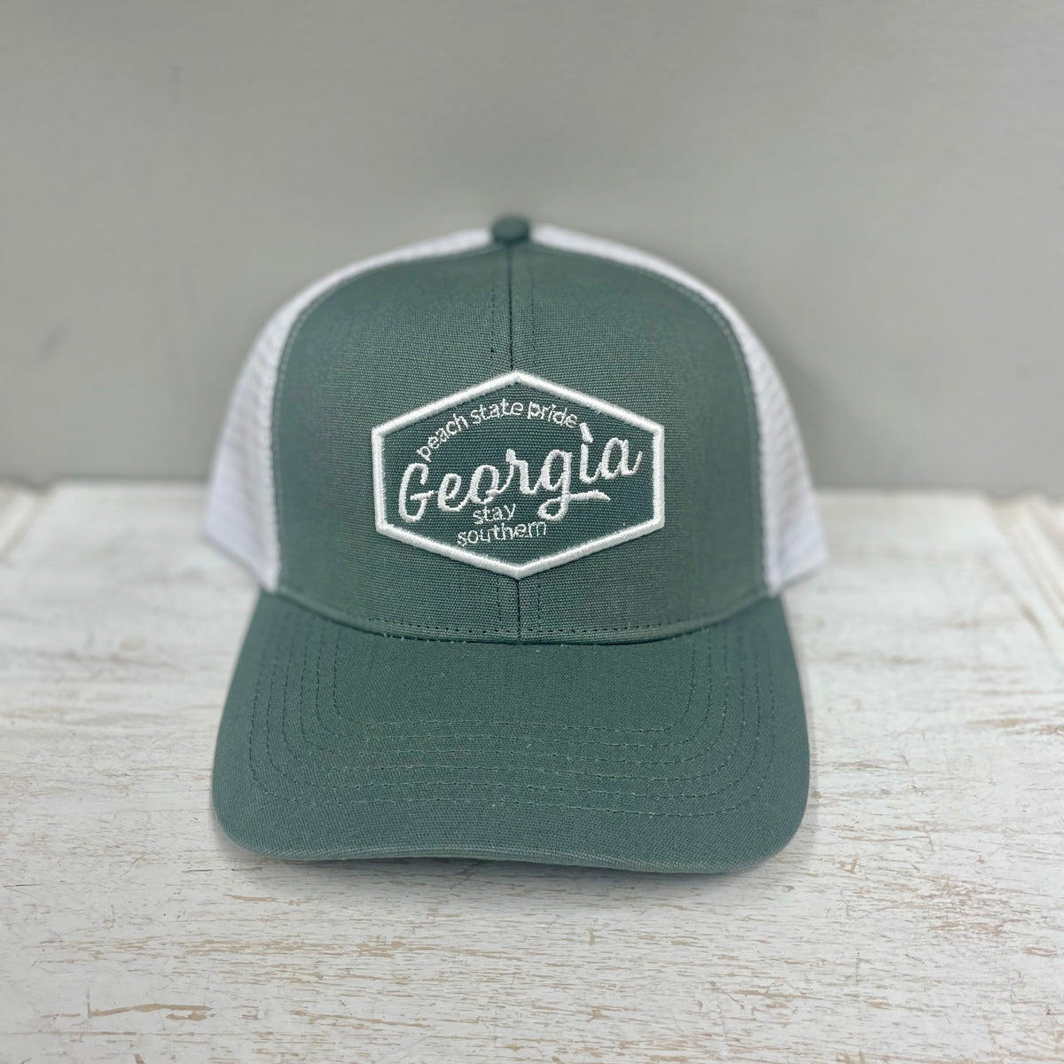 Georgia Script Patch Mesh Back Trucker Hat • Sage