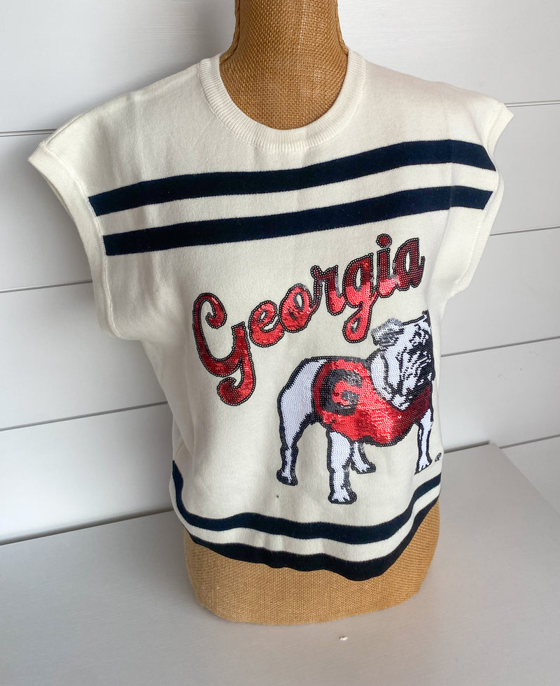 QOS Licensed Stripe 'Georgia' Bulldog Short Sleeve Top