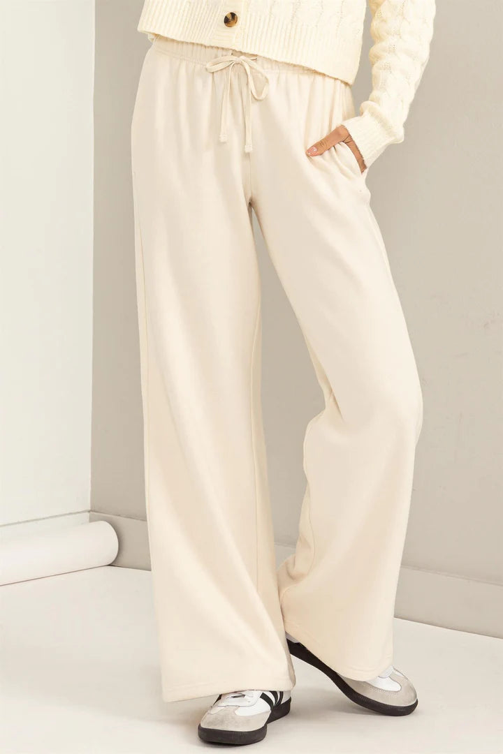 Feelin Cute Mid RIse Drawstring Wide Leg Pants • Cream