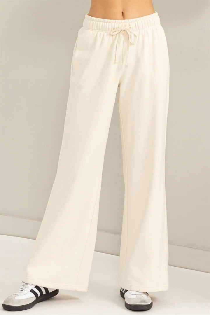 Feelin Cute Mid RIse Drawstring Wide Leg Pants • Cream