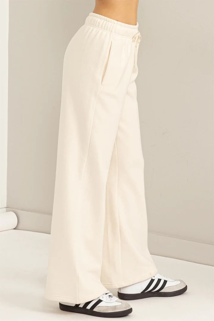 Feelin Cute Mid RIse Drawstring Wide Leg Pants • Cream