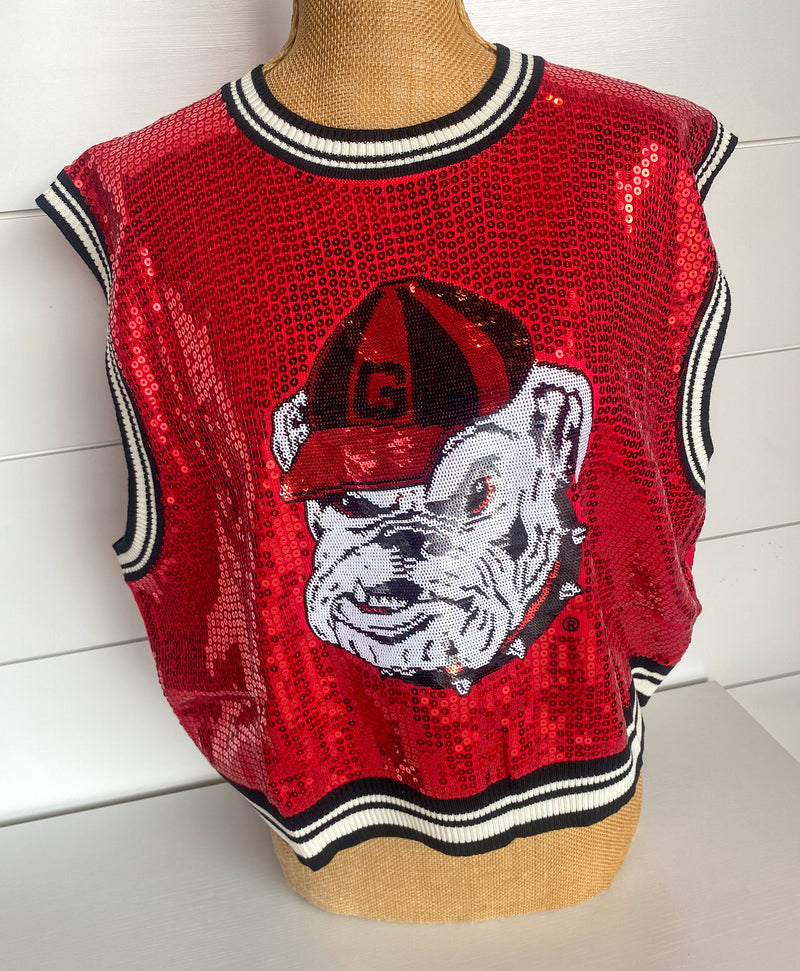 QOS Licensed Red Full Sequin Sweater Tank Bulldog Head