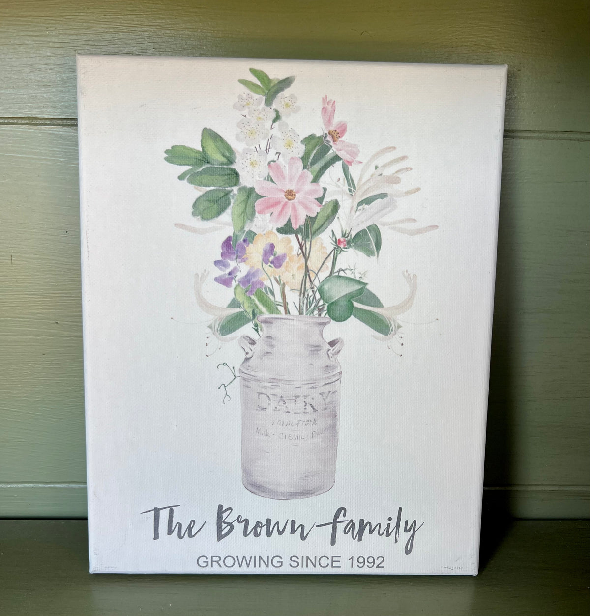 Personalized Family Bouquet 8x10 Canvas • Dairy Vase