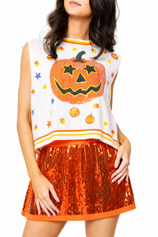 QOS White Full Sequin Pumpkin & Small Icon Vest