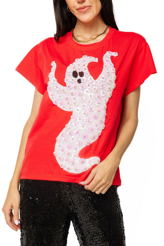 QOS Red & White Sequin Flower Ghost Tee