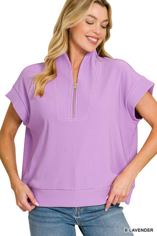 Addison Ribbed High-Neck Half Zip Top • B Lavender