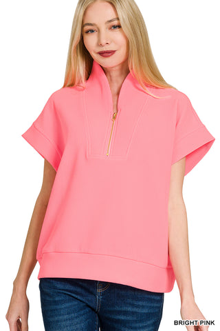 Addison Ribbed High-Neck Half Zip Top • Bright Pink