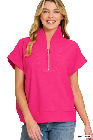 Addison Ribbed High-Neck Half Zip Top • Hot Pink