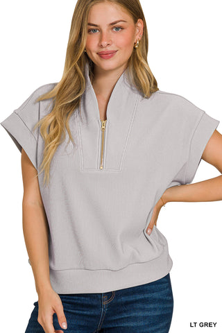 Addison Ribbed High-Neck Half Zip Top • Light Grey