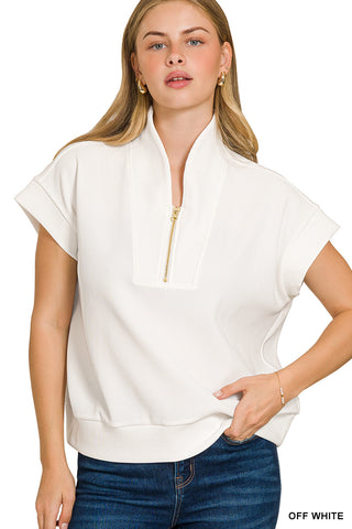 Addison Ribbed High-Neck Half Zip Top • Off White