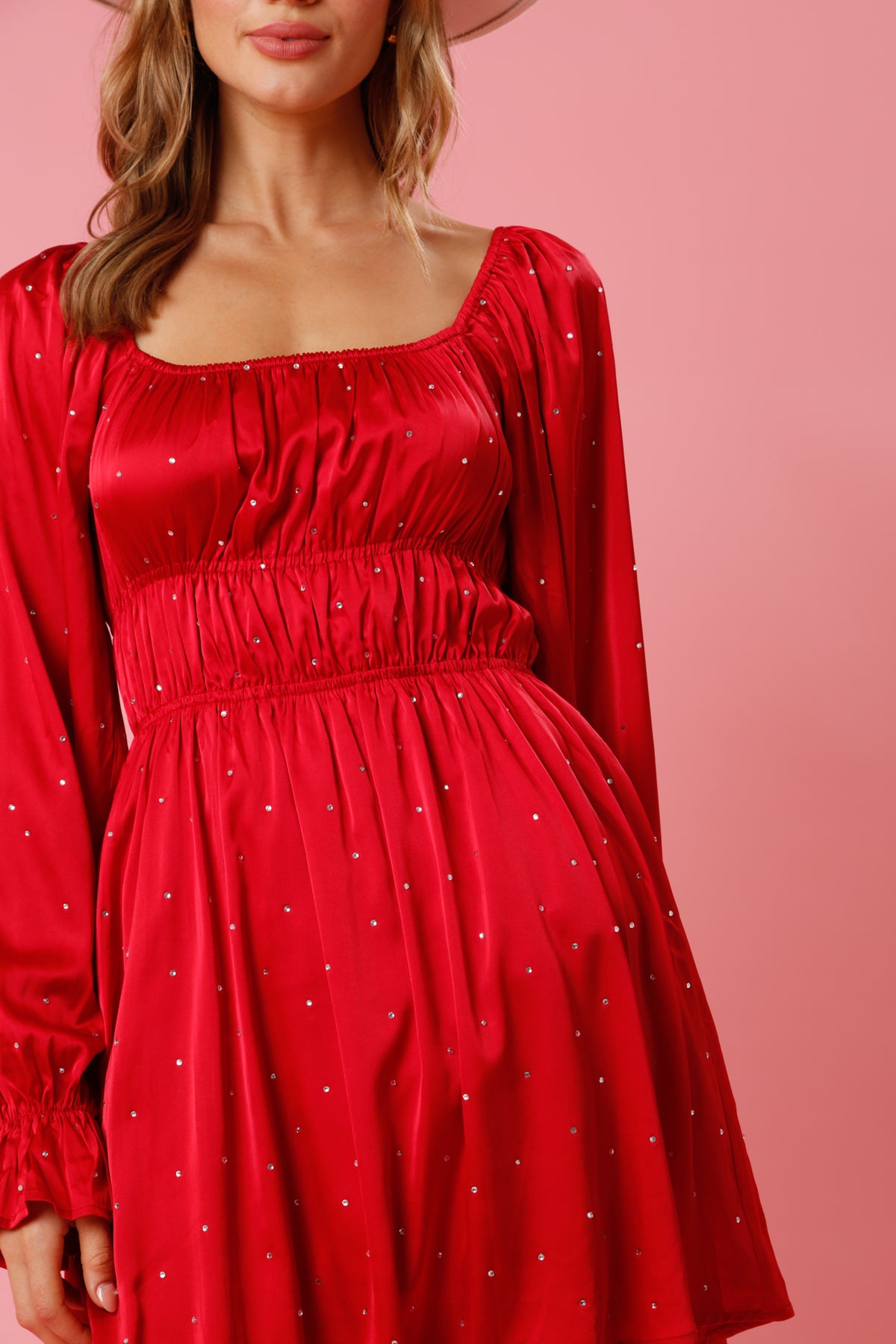 Satin Rhinestone Mini Dress • Red