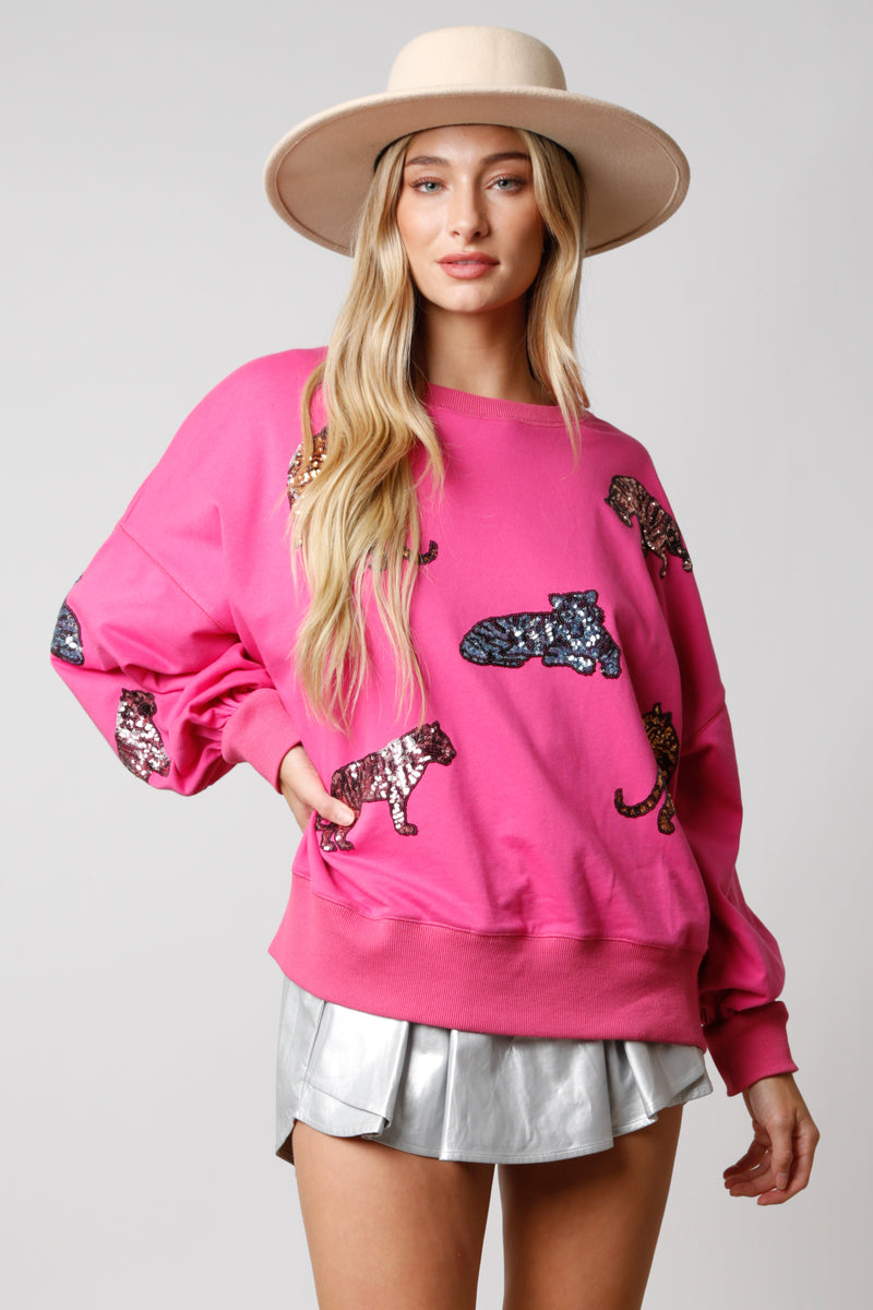 Sequin Tiger Sweatshirt • Hot Pink