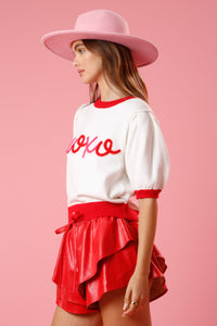 "XOXO" Lurex Thread Puff Sweater • Ivory/Red