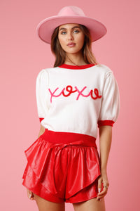 "XOXO" Lurex Thread Puff Sweater • Ivory/Red