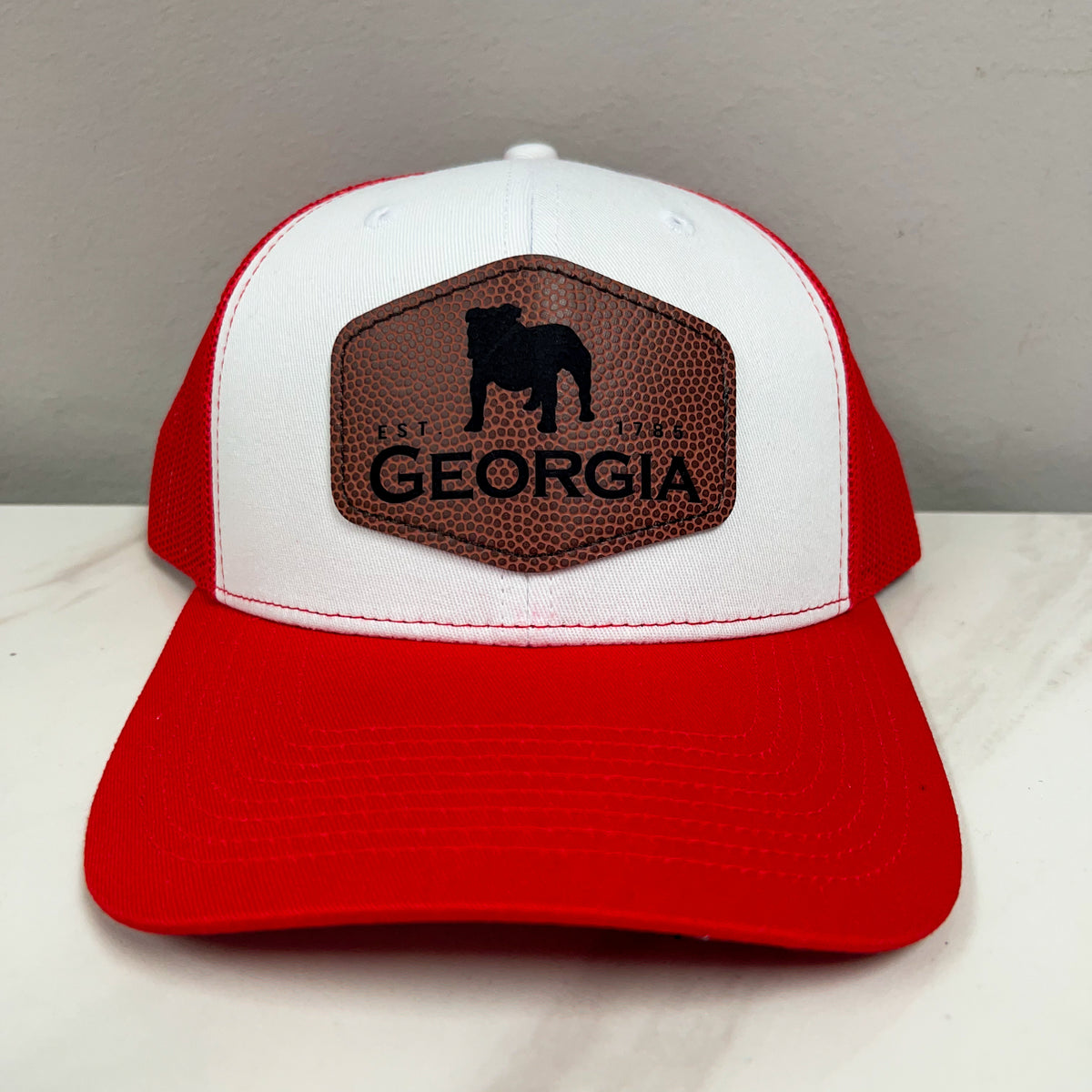 Georgia Bulldogs Leather Football Patch Hat • Red + White