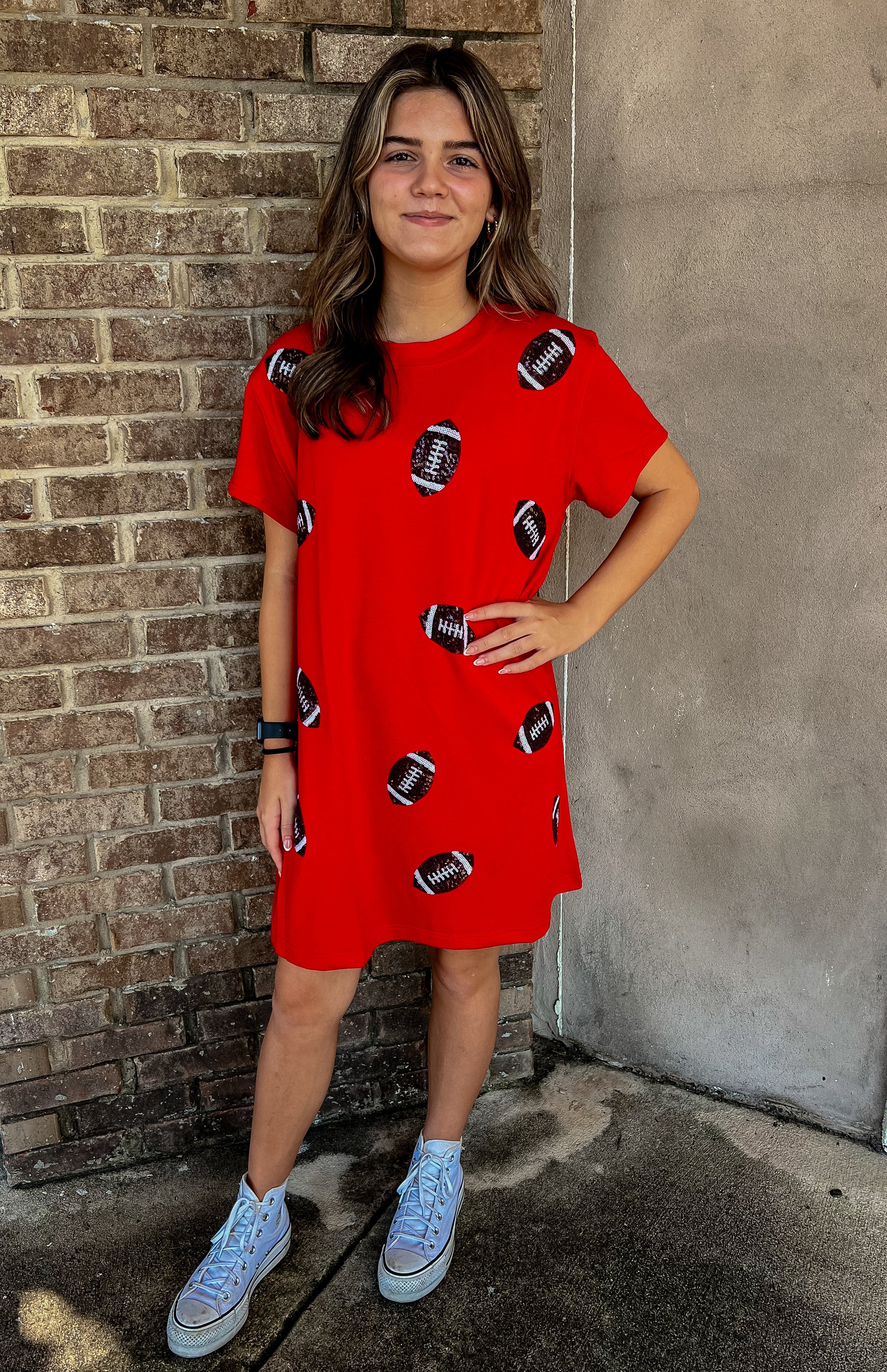 red sequin football dress Megan Red & Black Sequin Football Gameday Dress Large