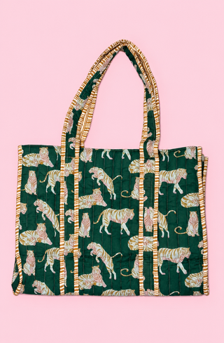 Chloe Tiger Quilted Tote • Emerald Green & Gold