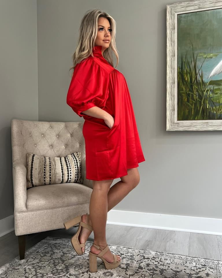 Payton High Neck Puff Sleeve Dress • Red