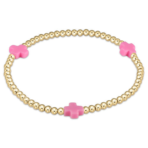 Signature Cross Gold Pattern 3mm Bead Bracelet • Bright Pink