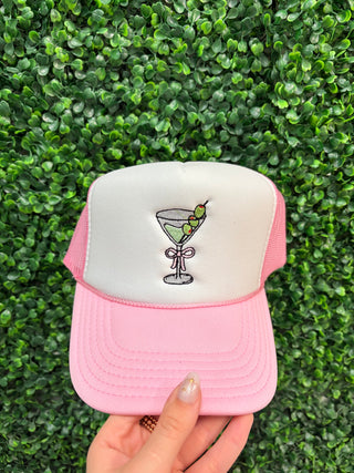 Dirty Martini Embroidered Trucker Hat • Pink & White