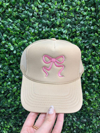 Pink Bow Embroidered Hat • Cream