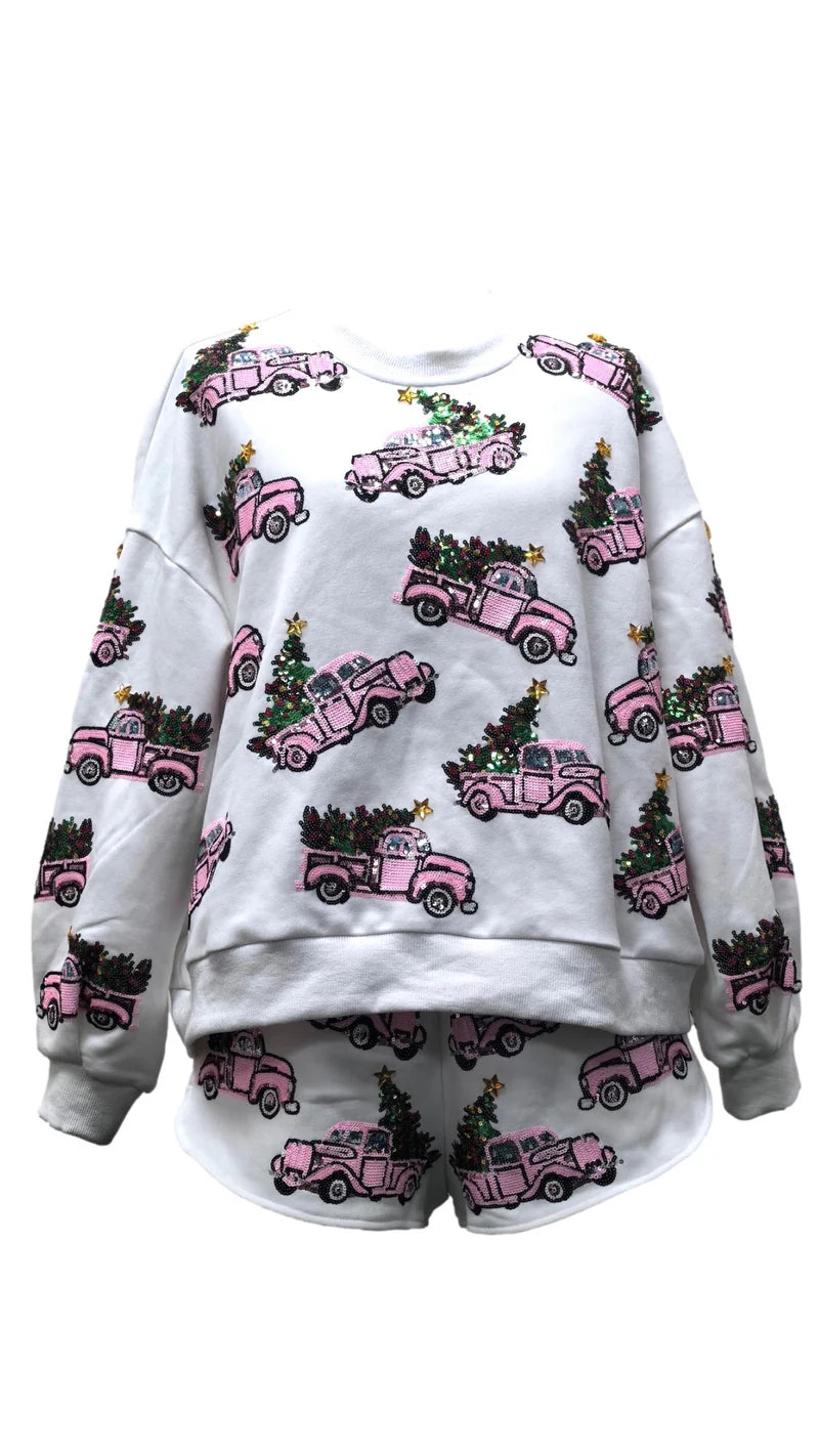 QOS White Trucks Christmas Tree Sweatshirt