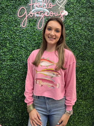 Fishin' Cropped Sweatshirt • Pink