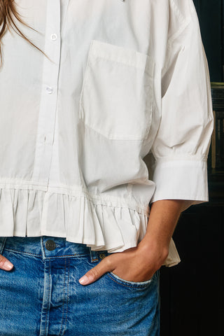 Ruffled Hem Poplin Shirt Top • White