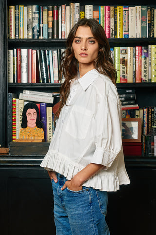 Ruffled Hem Poplin Shirt Top • White