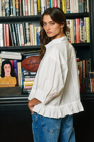 Ruffled Hem Poplin Shirt Top • White