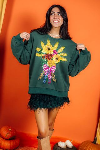 QOS Dark Green Fall Bouquet Sweatshirt • Green