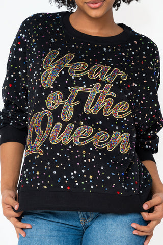 QOS Black Multi Rhinestone 'Year of the Queen' Sweatshirt