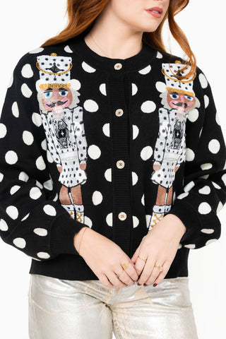 QOS Black & White Polka Dot Nutcracker in QOS Button Up Cardigan