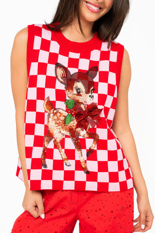QOS Red & Pink Checkered Reindeer Knit Vest