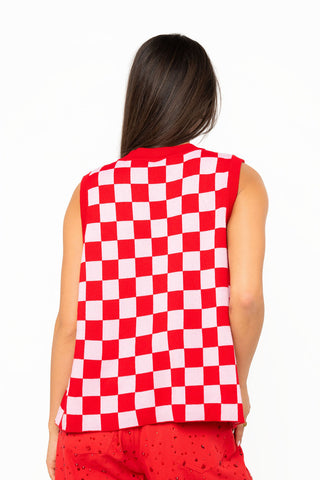 QOS Red & Pink Checkered Reindeer Knit Vest